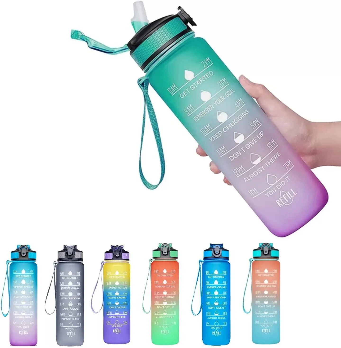 1pc 1000ml Large Capacity Gradient Water Bottle with Straw | Leakproof Design & Time Marker for Sports & Fitness