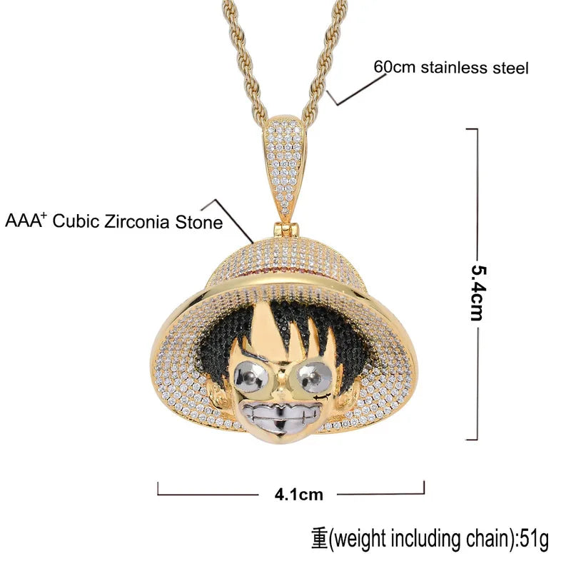 One Piece Luffy Pendant Necklace | Cubic Zirconia Hip Hop Cosplay Jewelry – Unisex Fashion Accessories Gift