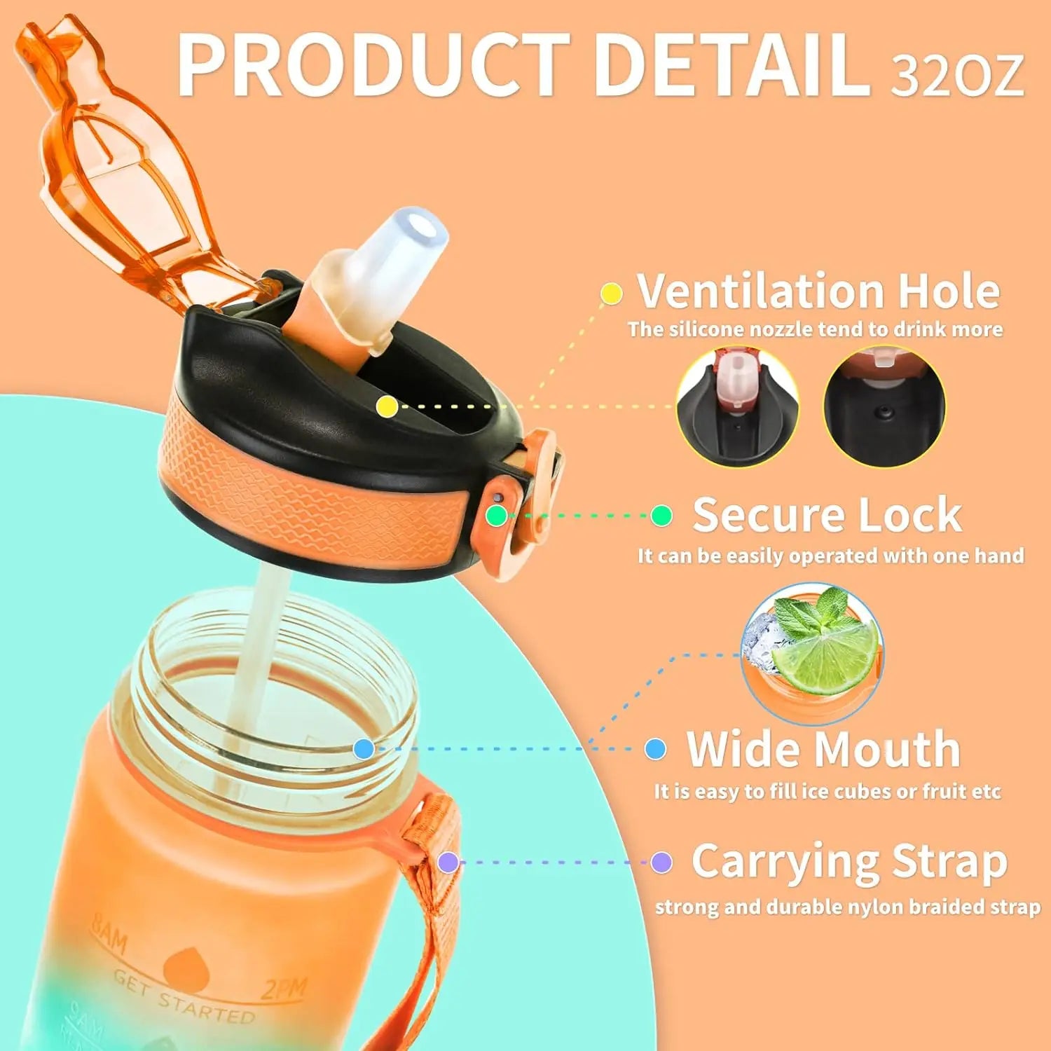 1pc 1000ml Large Capacity Gradient Water Bottle with Straw | Leakproof Design & Time Marker for Sports & Fitness